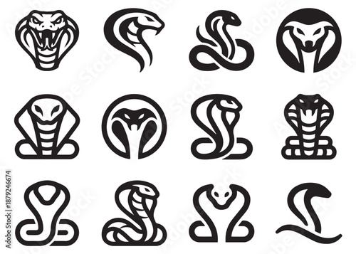 Cobra snake symbol set, vector illustration and dangerous reptile graphic art
