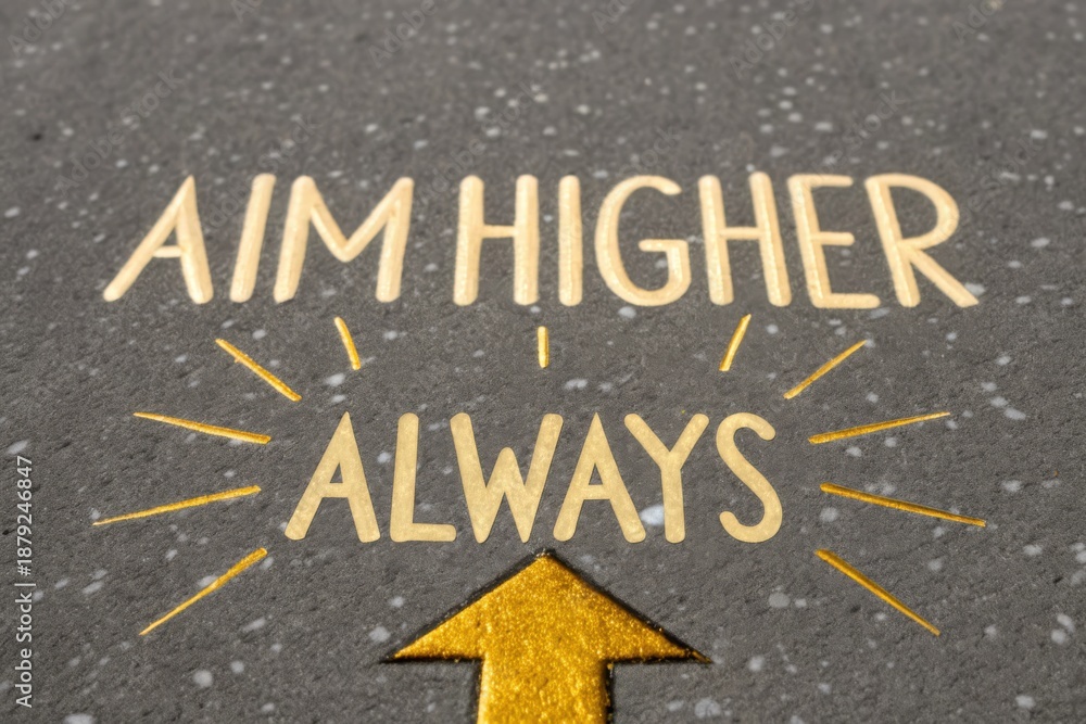 Fototapeta premium Golden Arrow and Text 'Aim Higher Always' Textured Background
