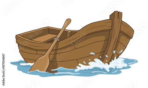 Empty wooden rowboat with paddle floating on the water