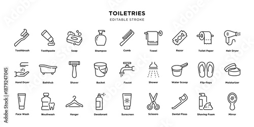 Collection of toiletries line icons