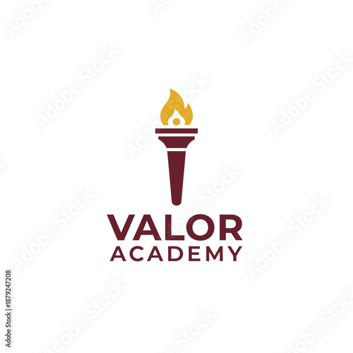 Classic flaming torch emblem integrated with a pen nib icon for educational institution or leadership training brand Valor Academy.