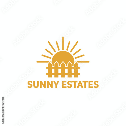 Golden sun and wooden fence icon for real estate property and residential housing identity isolated on white background titled Sunny Estates.