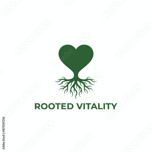 Green heart shape with organic root system icon for wellness, herbal medicine, or holistic health brand identity named Rooted Vitality.