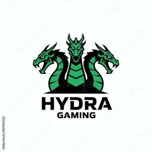 Powerful three headed green dragon mascot illustration for e-sports team or gaming community channel identity branded as Hydra Gaming.