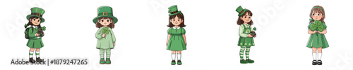Cute Saint Patricks Day Girl Character Set Wearing Green Shamrock Costume