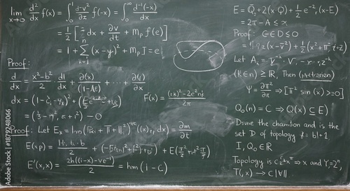 A green school blackboard covered with complex mathematical equations, formulas, and scientific proofs for advanced education and research concepts.