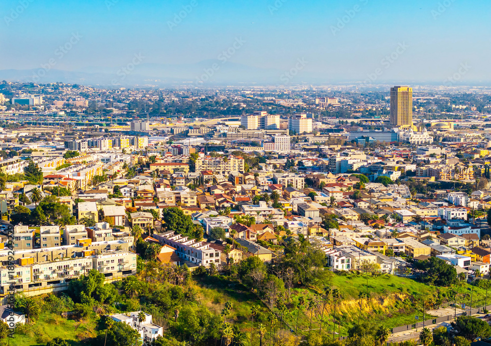 Obraz premium Downtown Los Angeles aerial panorama at sunset