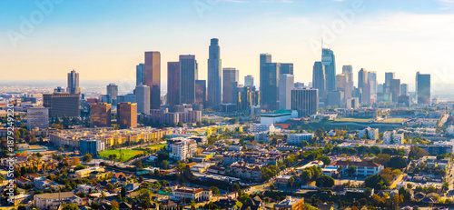 Los Angeles skyscrapers aerial panorama at sunset