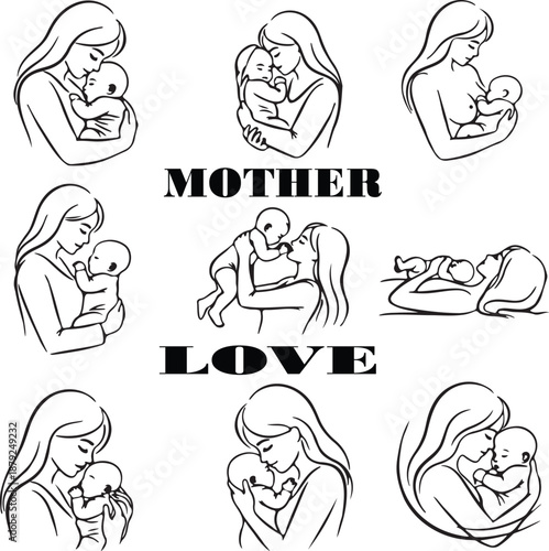 Diverse line art illustrations of mother and baby moments, celebrating maternal love and bond.