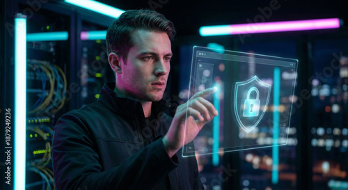 Professional Specialist Protecting Digital Data with Holographic Security Shield in Modern Neon Workspace