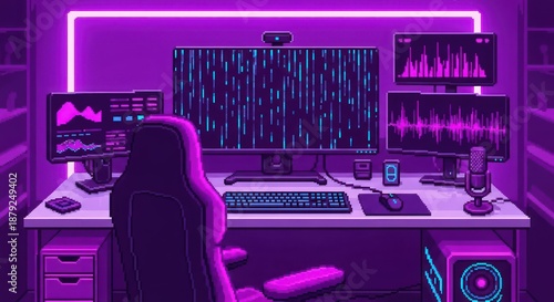 Vaporwave gaming room setup with multiple screens and neon light in pixel art style