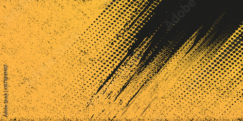 Black and yellow abstract background with brush stroke and halftone style. abstract grunge