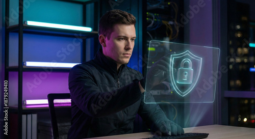 Professional Specialist Protecting Digital Data with Holographic Security Shield in Modern Neon Workspace