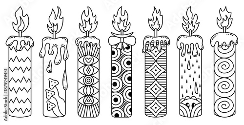Black line candle vector set, illustrations with psychedelic patterns. Different decorative candles with melted wax and flame. Monochrome outline signs. Mind-blowing cliparts with abstract shapes