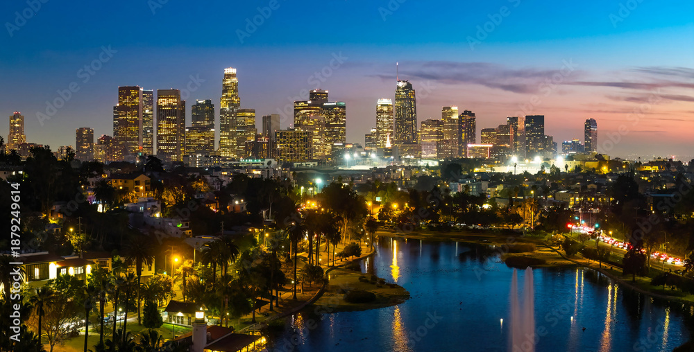 Fototapeta premium Los Angeles skyscrapers aerial night view from Echo Park