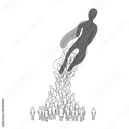 Silhouette figure emerges from crowd, symbolizing leadership, innovation, and individuality