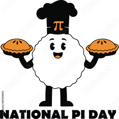 Cute cartoon chef character holding pies, celebrating National Pi Day.