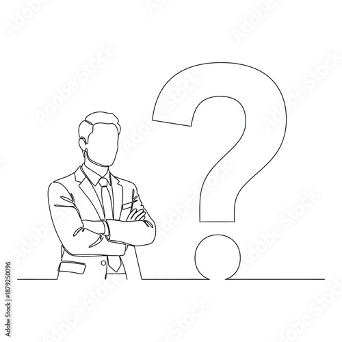Businessman ponders large question mark isolated on white background, Vector