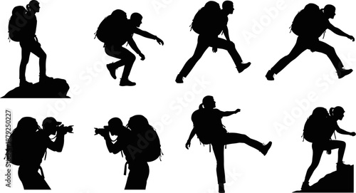 Black silhouettes of hikers with backpacks in dynamic outdoor poses, including climbing and photography, ideal for adventure, nature exploration, and hiking lifestyle design concepts.