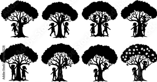 Black silhouette panels of children playing around trees, symbolizing nature connection, growth, friendship, and emotional storytelling for outdoor, family, and childhood design themes.