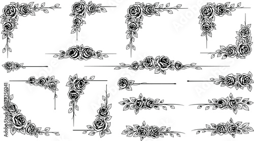 Black and white rose flower corner borders and floral dividers collection, elegant rose garden silhouettes, CAD drawing flat vector illustration.
