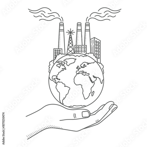 Hand holding earth with industrial structures isolated on white background, Vector