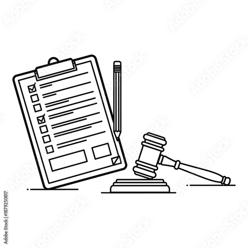 Clipboard and gavel isolated on white background, Vector