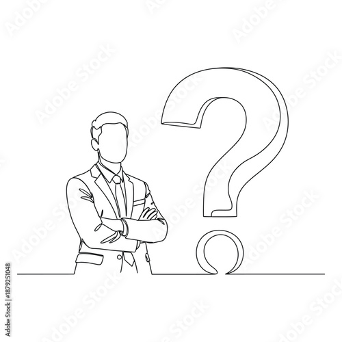 Man pondering with question marks isolated on white background, Vector