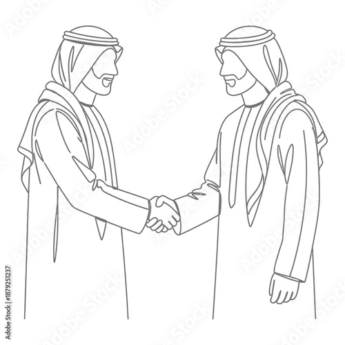 Two men shaking hands in traditional attire isolated on white background, Vector