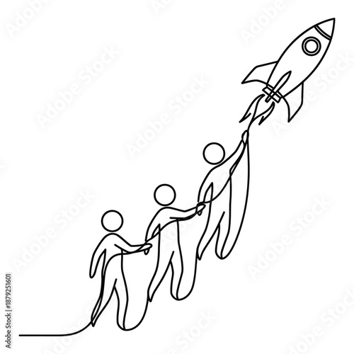 Team effort launching rocket isolated on white background, Vector