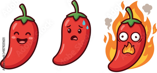 Funny red chili pepper cartoon characters set showing different spice levels from mild to extremely hot fire.