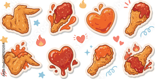 Cute cartoon fried chicken sticker set featuring drumsticks, wings, and spicy sauce glazed chicken vector illustration.