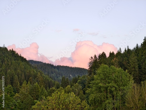 serene mountain evening, tranquil sunset with layered trees, peaceful sunset over lush forested