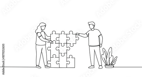 Line drawing of two people assembling a puzzle together in a cozy indoor setting on a transparent background