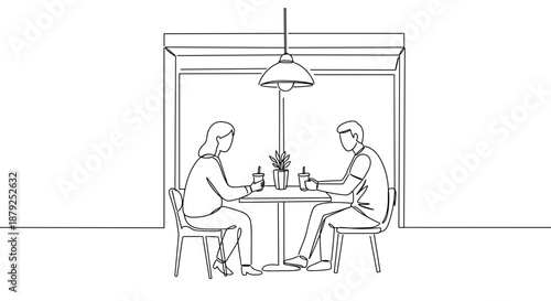Line drawing of two people sitting at a table with drinks in a cozy indoor setting on a transparent background