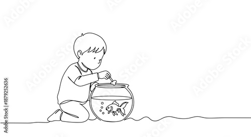 Line drawing of a child interacting with a fish bowl while sitting on the ground at home, captured in a simple and clear style on a transparent background