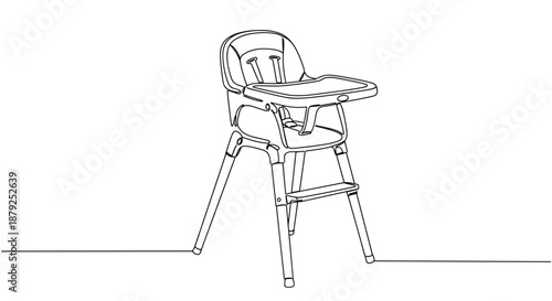 Line drawing of a high chair on a transparent background for infants with a simple design featuring a tray, legs, and a comfortable seat