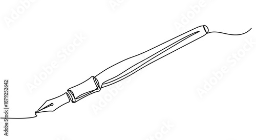 Line drawing of a fountain pen isolated on white background with intricate details showcasing its nib and barrel design for artistic and educational purposes