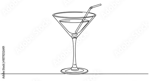 Line drawing of a cocktail glass with a straw filled with beverage on a transparent background