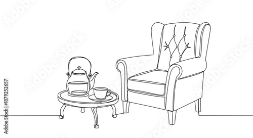 Line drawing of an elegant armchair with a teapot and cup on a small table in a cozy indoor setting on a transparent background