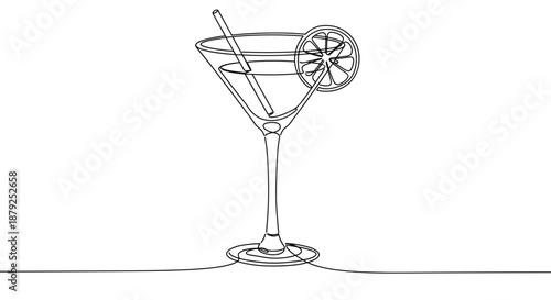 Line drawing of a cocktail glass with a lemon slice and straw isolated on white background