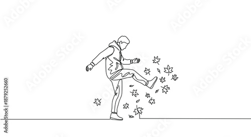 Line drawing of a person kicking snowflakes while wearing a jacket, isolated on a transparent background, in a playful winter setting with snowflakes falling.