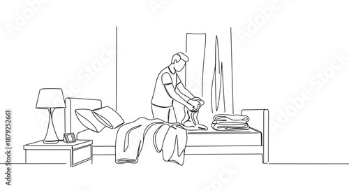 Line drawing of a person organizing clothes on a bed in an indoor bedroom setting with natural light coming through the window on a transparent background