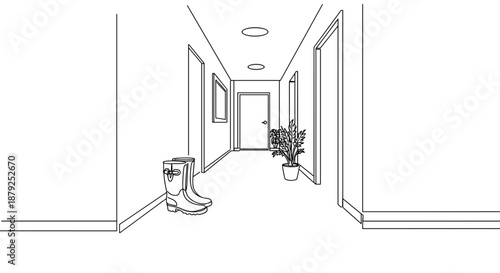 Line drawing of a long hallway with potted plant and shoes on a transparent background