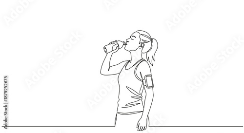 Line drawing of a young woman drinking water while exercising, isolated on transparent background