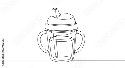 Line drawing of a baby sippy cup with two handles, on a transparent background, designed for toddlers, simple outline, clean lines for easy viewing.