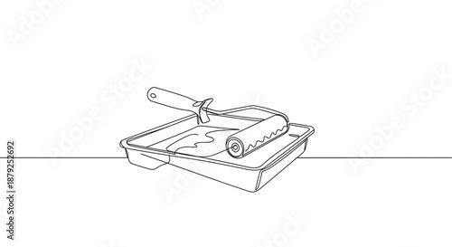 Line drawing of paint roller and tray on a transparent background for DIY home improvement projects and artistic painting activities