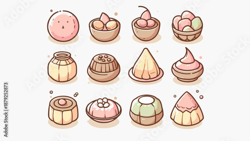 Cute Traditional Asian Dessert Icon Set