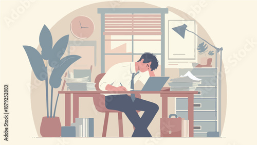Tired Office Worker at Desk Illustration