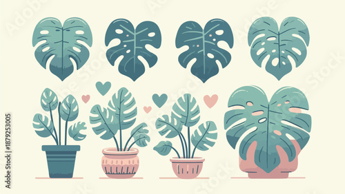 Cute Monstera Houseplant Illustration Set in Soft Pastel Style Aesthetic